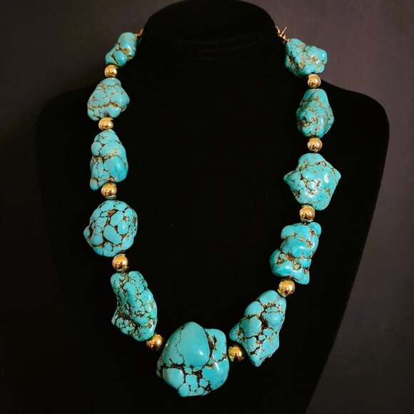 Kenneth Jay Lane Jewelry - VINTAGE Kenneth Jay Lane Turquoise Nugget Statement Necklace Signed 17"-21"